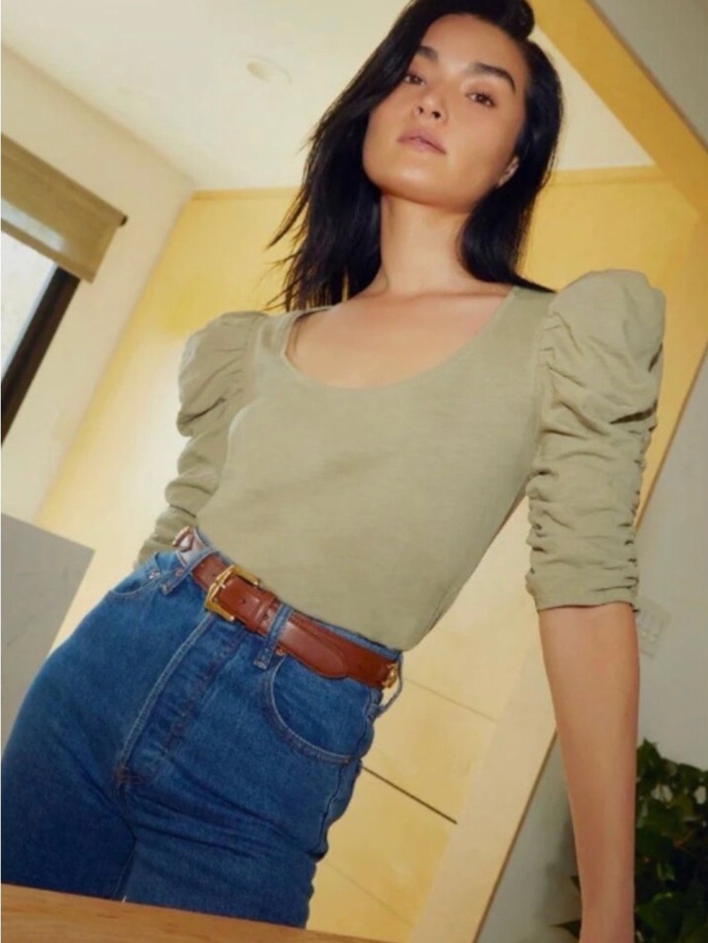 Nation LTD Julietta Ruched Puff Sleeve Tee Shirt in Safari Green Size XS